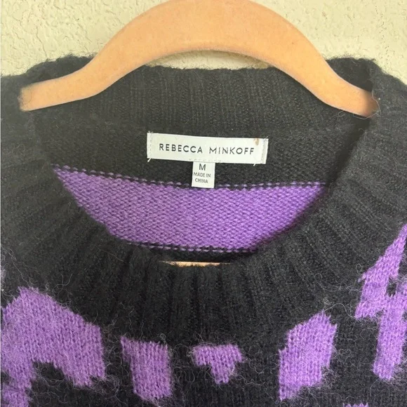 Rebecca Minkoff Purple and Black Gordon Leopard Print Crewneck Fuzzy Sweater M - Picture 7 of 9
